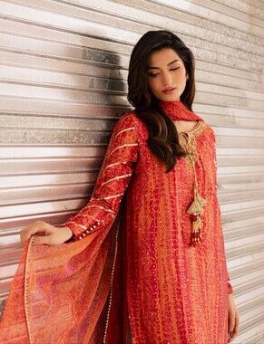 Beautiful Orange Embroidered Three Piece with Tassel Detail